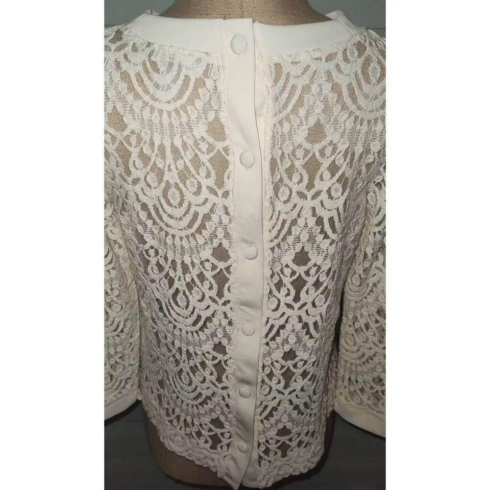 Banana Republic Button Up Back Top Women's MEDIUM Cream Lace Long Sleeve Poly Bl